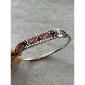 Mexico 925 Sterling Silver Hinged Bangle Bracelet Pink Enamel Abalone Black Hear